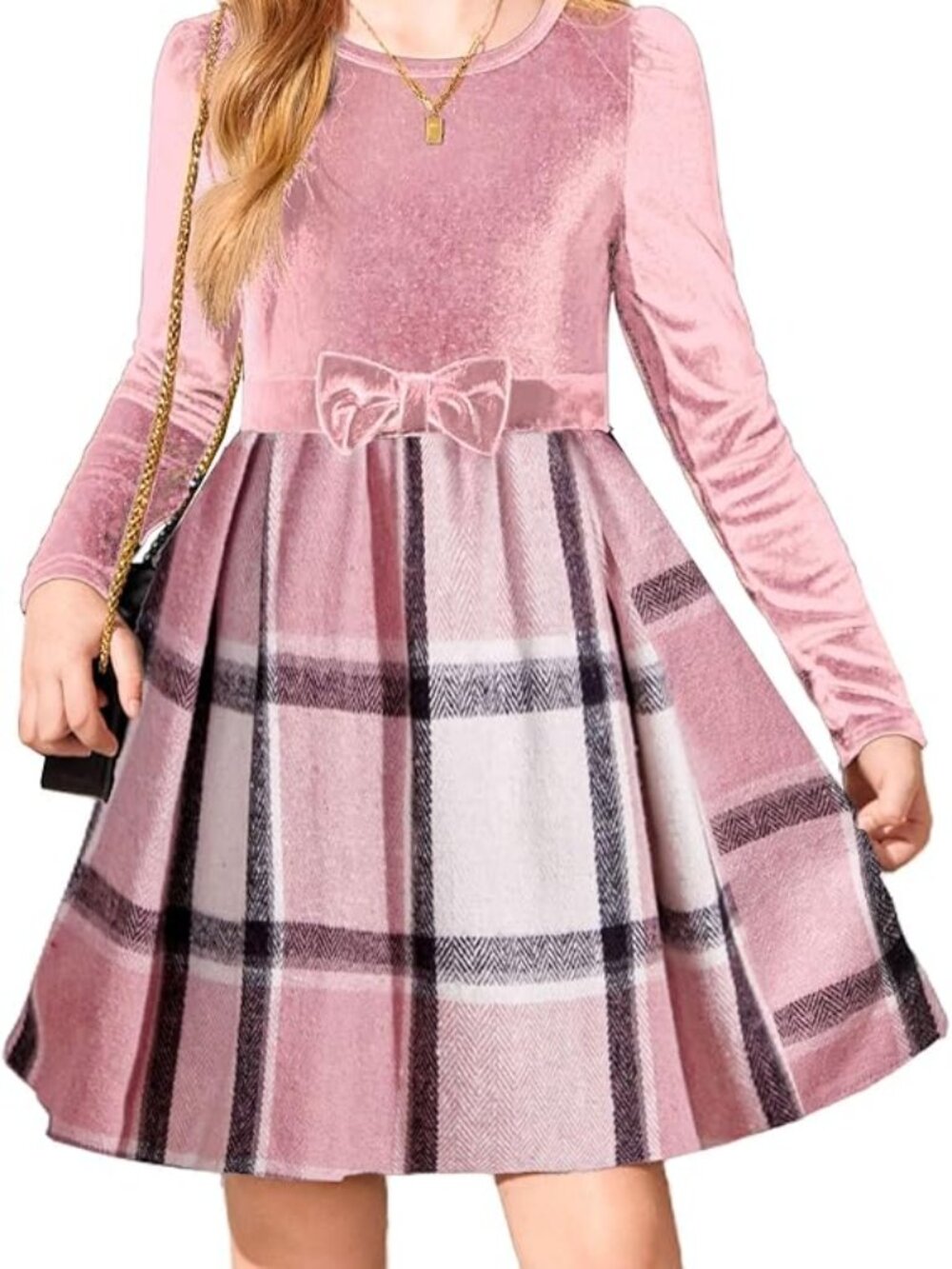 Arshiner Girls Long Sleeve Velvet Plaid Patchwork Dress 11-12 years
